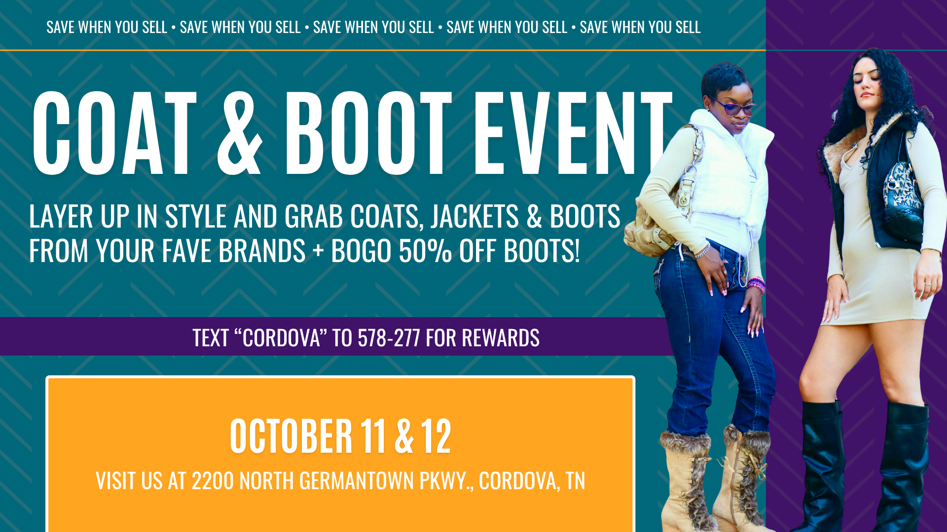 Plato’s Closet Cordova Coat & Boot Event, Oct 11–12, featuring jackets, coats, boots, and BOGO 50% off boots from top brands.
